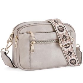 Triple-zipper Shoulder Bag With Floral Embroidered Straps Fashion Colorblock Multi-functional Crossbody Bags For Women (Option: Gray)