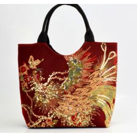 Canvas peacock embroidery small handbag (Option: Wine Red-Paperback)