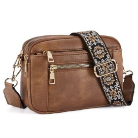 Triple-zipper Shoulder Bag With Floral Embroidered Straps Fashion Colorblock Multi-functional Crossbody Bags For Women (Option: Camel Brown)
