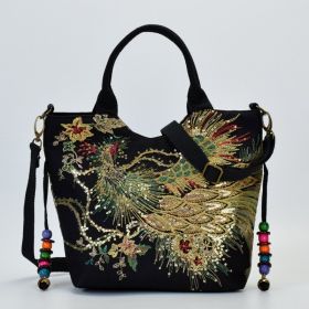 Canvas peacock embroidery small handbag (Option: Black-Ordinary)