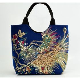 Canvas peacock embroidery small handbag (Option: Dark Blue-Paperback)