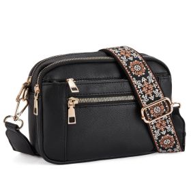Triple-zipper Shoulder Bag With Floral Embroidered Straps Fashion Colorblock Multi-functional Crossbody Bags For Women (Option: Black)