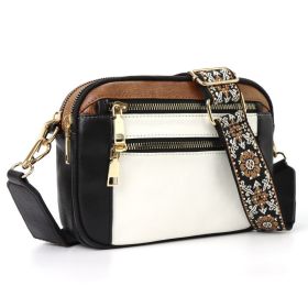 Triple-zipper Shoulder Bag With Floral Embroidered Straps Fashion Colorblock Multi-functional Crossbody Bags For Women (Option: White Black Brown)